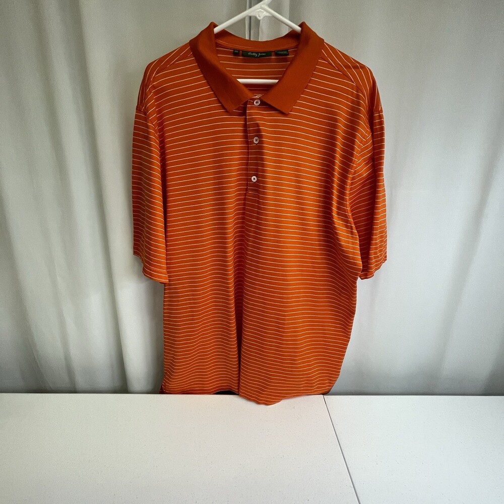 Bobby Jones Men’s Polo Shirt Orange White Striped 100% Cotton Golf Short Sleeve